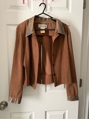 Vintage 90s Jessica Howard Brown Suede Button Front Jacket with Contrast Trim